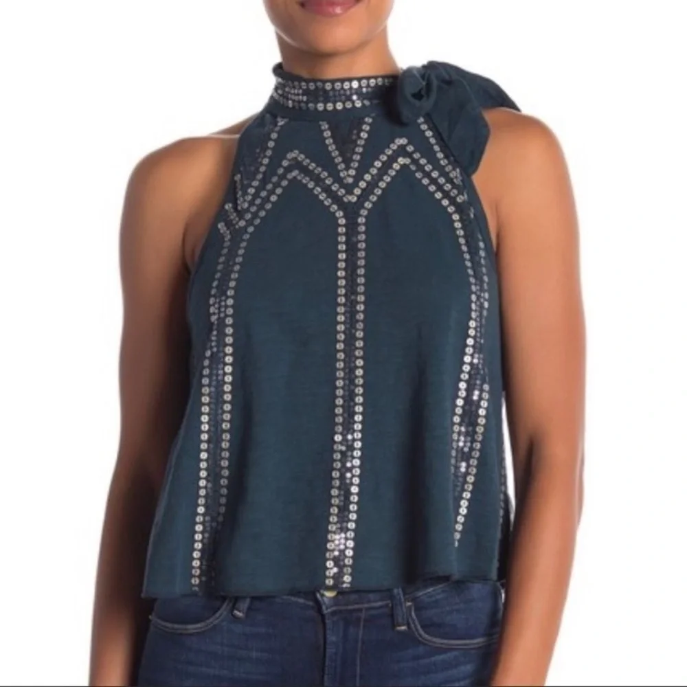 Free People Glitter City Tie‎ Neck Dark Turquoise Sequin Tank Sleeveless Top